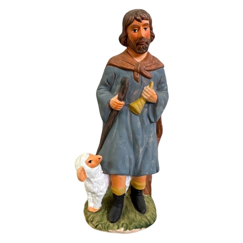 Vintage Homco Shepherd with Sheep Lamb & bell Christmas Nativity Figurine
